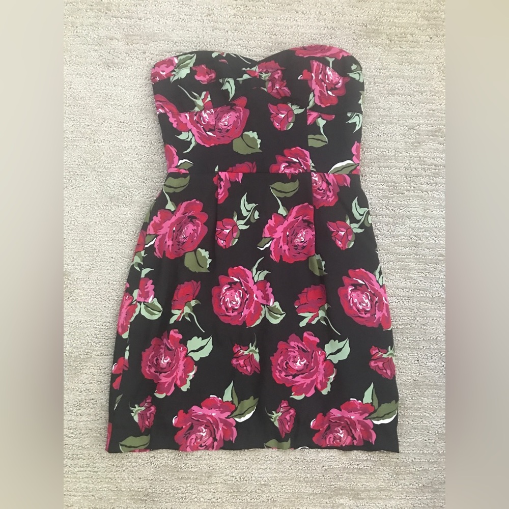 BCBGeneration Black and Pink Strapless Rose Print Dress, XS